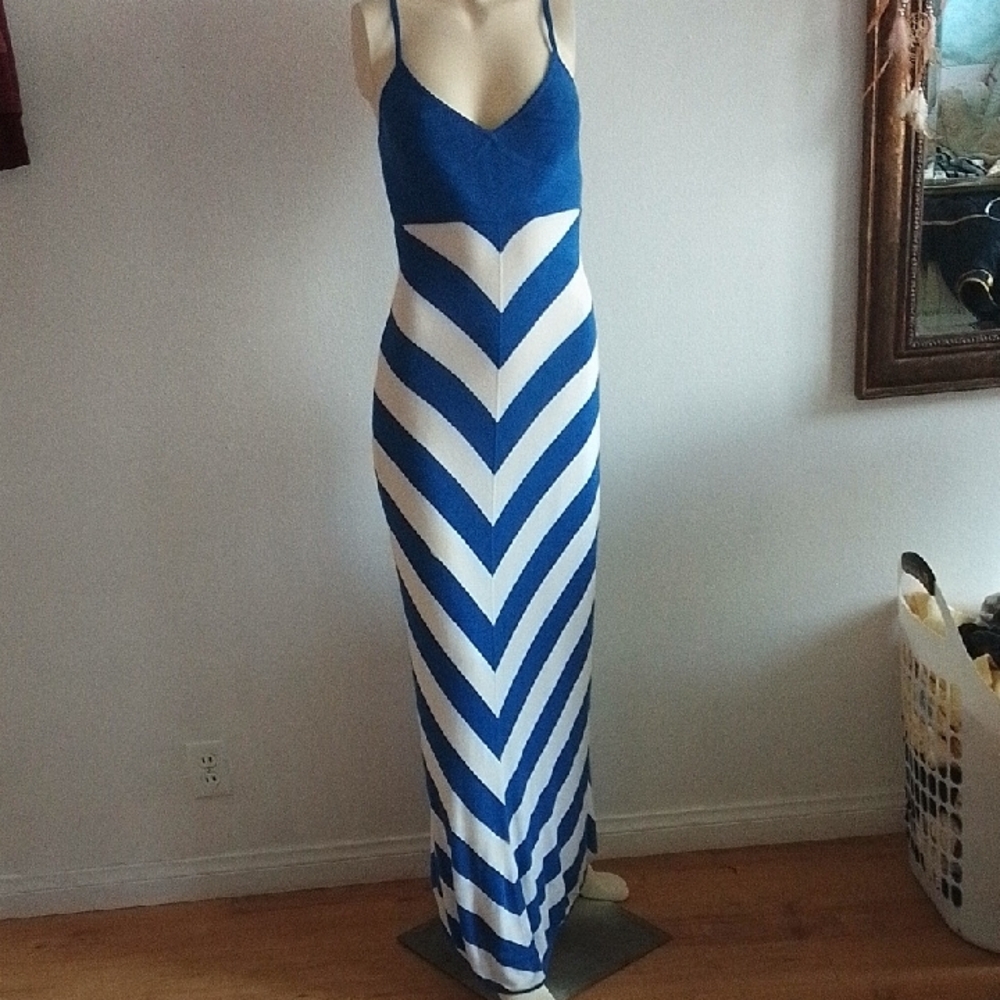 bebe Blue and White Chevron Maxi Dress